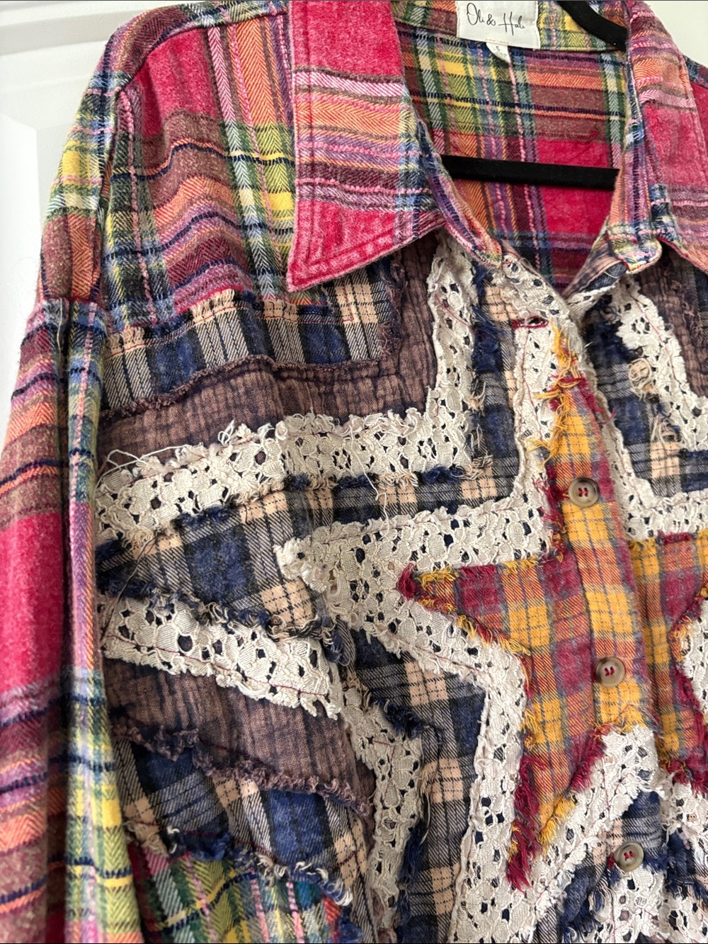 Oli & Hali Pink Plaid Crochet Star Button-Front Shirt - Picture 2 of 6
